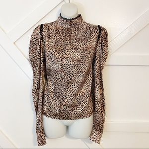 Generation Love Cheetah Printed Puff Sleeve Lace Trim Blouse Tan Sz XS